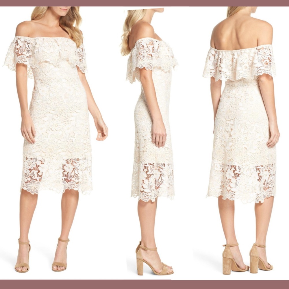 NEW Chelsea28 [ XS ]‎ Off The Shoulder Lace Midi Dress in Ivory/Peach